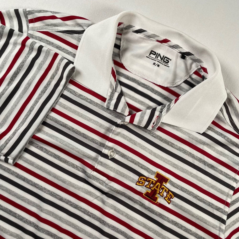 Ping Mens Iowa State Cyclones SensorCool Striped Golf Polo Shirt White Red‎ M